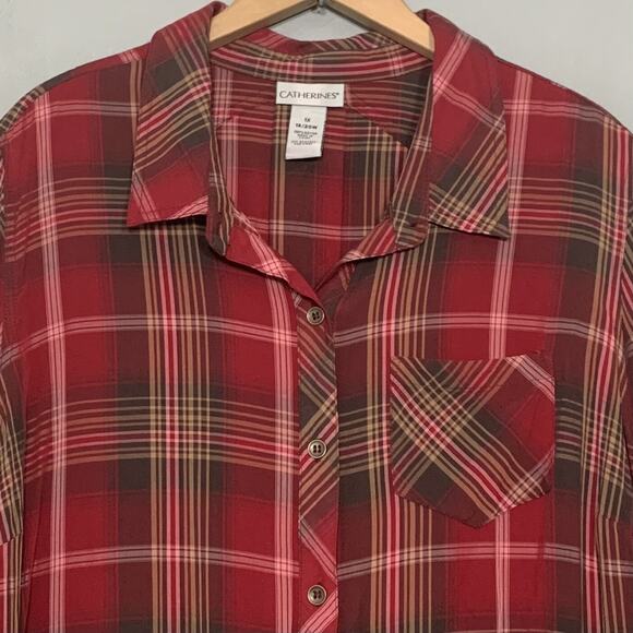 Catherines Plus Size 1X Equestrian Earthy Plaid Button Up Shirt Country Western - Picture 2 of 8
